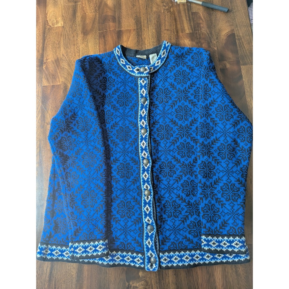 LL Bean Vintage Nordic 100% Cotton Cardigan Sweater Metal Buttons Lrg Hygge